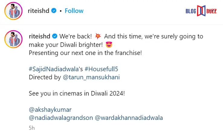 For the next movie "Housefull 5," Akshay Kumar and Riteish Deshmukh are coming back.